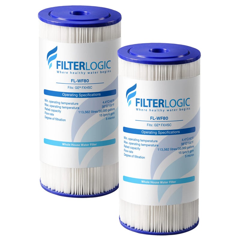 Filterlogic FXHSC 10" x 4.5" Whole House Pleated Sediment Filter, Replacement for GEÂ® FXHSC, CulliganÂ® R50-BBSA, Pentek R50-BB, DuPont WFHDC3001, American Plumber W50PEHD, GXWH40L, Pack of 2 - Image 1